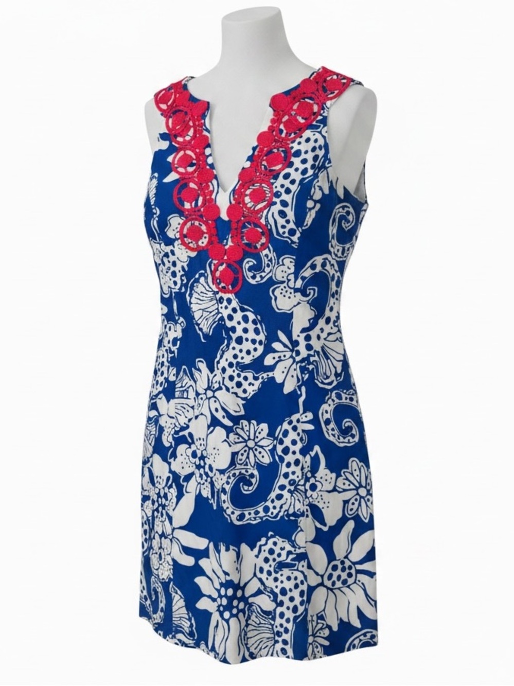 Lilly Pulitzer Blue and White Floral Mini Dress with Pink Trim - Size 0